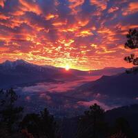 ai generato tramonto visualizzazioni, staglia montagne, cielo in fiamme con colori foto