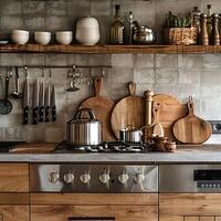 ai generato metallico, brillante cucina elettrodomestici vs di legno, rustico cucinando utensili, contrastante cucina estetica foto