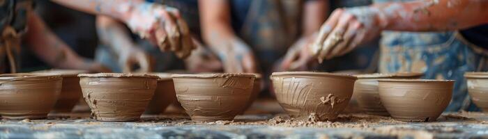 ai generato nel ceramica classe, studenti forma ciotole sottolineando mani e argilla foto