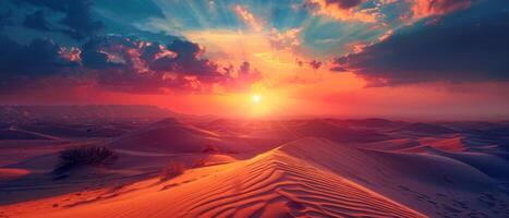 ai generato avventuriero su un' deserto safari, con un' drammatico tramonto al di sopra di il dune foto