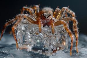 ai generato chilling sorpresa, falso ragno nel ghiaccio cubo, aprile sciocco giorno rinfresco scherzo foto