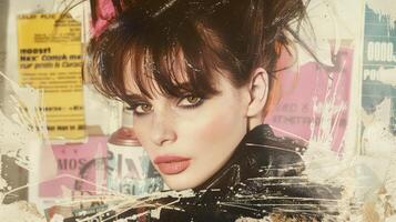 ai generato generativo ai, Vintage ▾ nostalgico grunge collage sfondo con donna di viso, nel il stile di anni 80. diverso textures e forme foto
