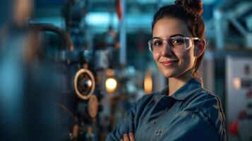 ai generato sorridente femmina lavoratore nel moderno industriale ambiente Lavorando foto