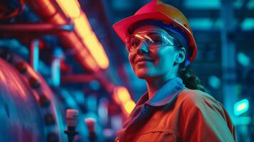 ai generato sorridente femmina lavoratore nel moderno industriale ambiente Lavorando foto