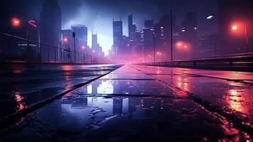 ai generato pioggia strada bagnato asfalto riflessione di neon luci foto