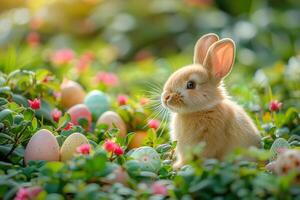 ai generato carino coniglietto circondato di colorato Pasqua uova nel un' favoloso primavera foresta nel il mattina. ai generato. foto