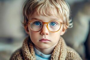 ai generato avvicinamento ritratto di un' piccolo inteligente grave ragazzo indossare occhiali. ai generato. foto