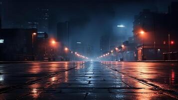 ai generato pioggia strada bagnato asfalto riflessione di neon luci foto