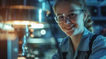 ai generato sorridente femmina lavoratore nel moderno industriale ambiente Lavorando foto