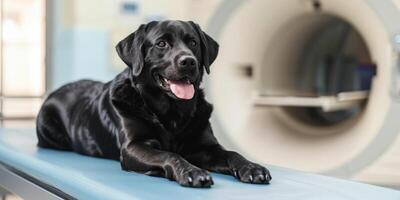 ai generato generativo ai, cane su tavolo a mry, visita medica nel veterinario chirurgia Ospedale, veterinario clinica, bandiera con copia spazio foto