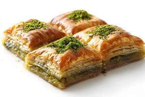 ai generato baklava isolato su bianca sfondo. baklava con carne e formaggio. foto