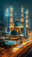 ai generato bellissimo moschea nel il mezzo di il città a notte. islamico sfondo foto