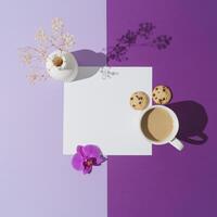 creativo disposizione fatto con tazza di caffè, cioccolato biscotti, bianca vaso con asciutto fiori, orchidea fiore e carta carta Nota copia spazio su leggero e buio viola sfondo. minimo concetto. piatto posizione. foto