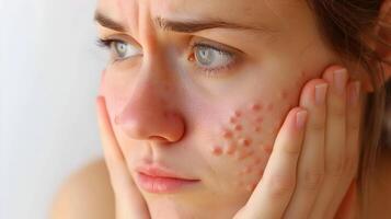 ai generato donna con invecchiamento pelle e acne nel puntinismo stile foto