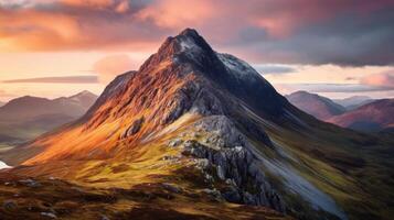 ai generato primo leggero di alba su un' a distanza montagna picco foto