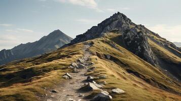 ai generato aspro pista e orizzonte nel un' montagna paesaggio foto