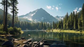 ai generato montagna lago e pino alberi un' tranquillo natura scena foto