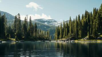 ai generato tranquillo lago con pino alberi nel montagna paesaggio foto