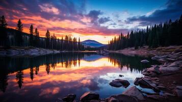 ai generato bellissimo paesaggio di lago e cielo nel il montagne foto