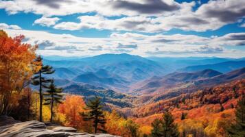 ai generato sbalorditivo autunno paesaggio di montagne e lago nel luminosa colori foto