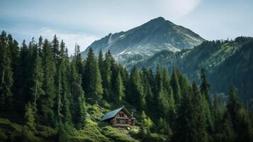 ai generato a distanza montagna capanna e abete alberi nel il nevoso paesaggio foto