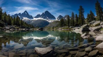 ai generato un' chiaro e sereno lago nel il alpino regione foto