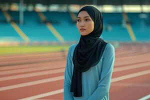 ai generato malese femmina atleta su all'aperto traccia campo foto