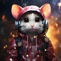 ai generato cyberpunk topo indossare giacca e cuffia, mentre ascoltando per musica. carino topi illustrazione. generativo ai foto