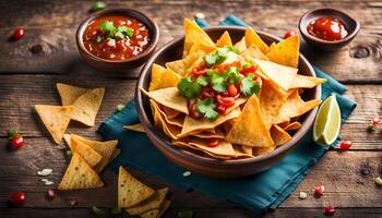 ai generato nachos Mais patatine fritte nel un' piatto su un' di legno tavolo. messicano cibo concetto. superiore Visualizza. foto