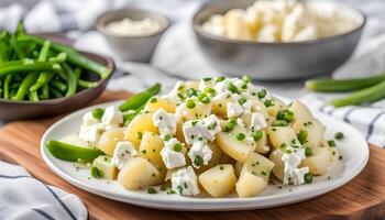 ai generato fatti in casa grosso Patata insalata con primavera cipolle scalogno, Limone scorza, Pepe, feta formaggio e mostarda Yogurt salsa foto