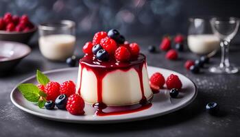 ai generato panna cotta con rosso bacca salsa su un' buio sfondo. foto