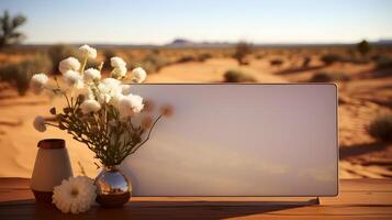 ai generato vuoto di legno foto telaio nel il deserto. vuoto immagine telaio modello. generativo ai