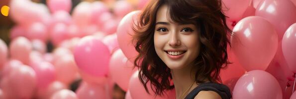 ai generato ritratto di giovane e carino donna con rosa palloncini nel il sfondo. generativo ai foto
