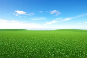ai generato paesaggio Visualizza di verde erba su pendenza con blu cielo e nuvole sfondo foto