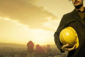 ai generato mano o braccio di ingegnere hold giallo plastica casco per lavoratore. lavoro duro e faticoso giorno concetto foto