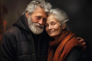ai generato un più vecchio uomo e donna Abbracciare una persona su buio sfondo foto