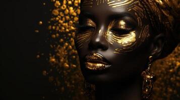 ai generato bellissimo africano modello con d'oro trucco foto