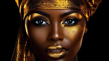 ai generato bellissimo africano modello con d'oro trucco foto