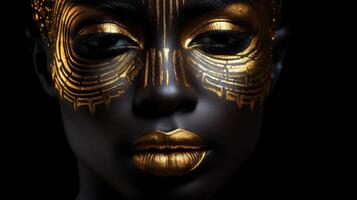 ai generato bellissimo africano modello con d'oro trucco foto