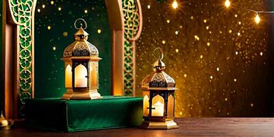 ai generato Ramadan kareem saluto - islamico musulmano vacanza sfondo con eid lanterna o lampada, metà Luna con un' stella foto