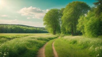 ai generato panorama paesaggio verde foresta sentiero con il bellissimo fioritura prato foto