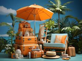 ai generato estate vacanza sfondo a spiaggia con ombrello e spiaggia sedie. generativo ai foto