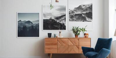 elegante scandinavo vivente camera con design menta divano, mobili, finto su manifesto carta geografica, impianti e elegante personale Accessori. moderno casa arredamento. luminosa e soleggiato camera. generativo ai illustrazione. foto