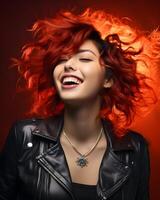 ai generato sorridente asiatico stella del rock donna con colorato Riccio capelli. modello in posa per foto sparare. generativo ai