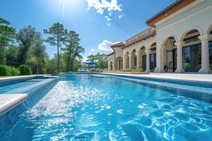 ai generato bellissimo casa esterno e grande nuoto piscina su soleggiato giorno con blu cielo , Caratteristiche serie di acqua getti formatura archi foto