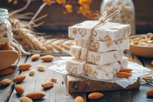 ai generato mandorla e miele torrone. torrone con noccioline. tradizionale spagnolo mandorla dolce foto