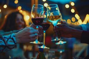 ai generato amici tostatura con bicchieri di rosso vino durante all'aperto festa nel estate. generativo ai foto