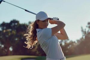 ai generato professionale bellissima giocatore signora con golf attrezzatura. generativo ai foto