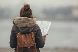 ai generato donna con zaino guardare a un' carta geografica mentre turismo un' straniero città. generativo ai foto
