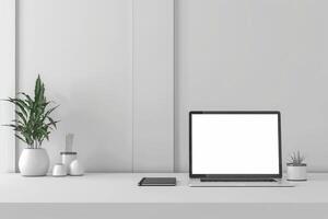 ai generato pulito e organizzato spazio di lavoro con un' il computer portatile. minimalista stile. generativo ai foto